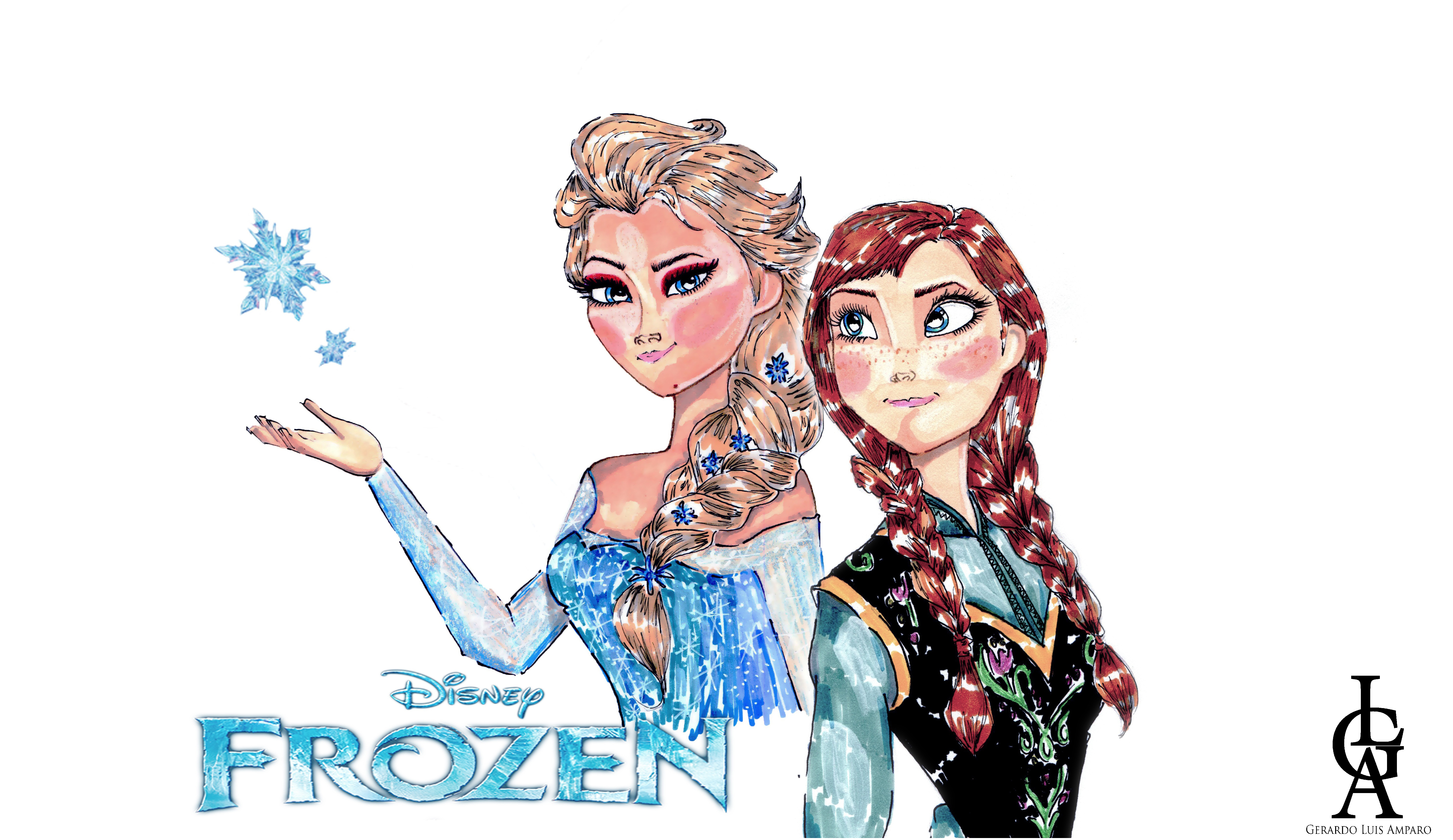 Disney Customized Artist Sketch - 2 Character - Frozen - Young Anna, Elsa  and Olaf Dancing